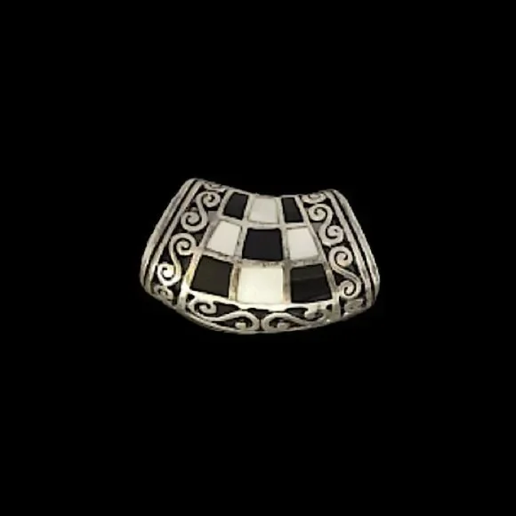 Vintage Onyx Mother Of Pearl Sterling Silver 925 Mosaic Inlay Slider Pendant